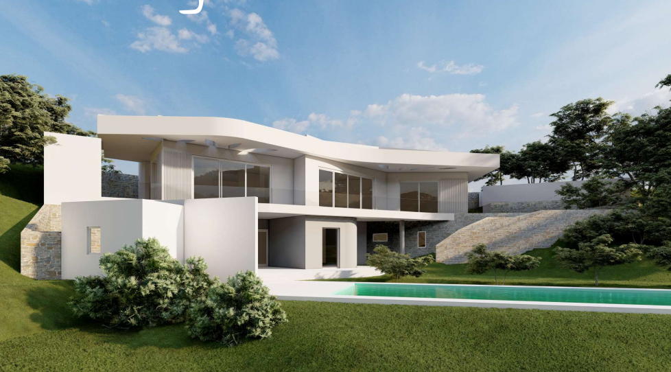 Villa contemporaine à deux niveaux avec une toiture incurvée, de larges baies vitrées et une piscine rectangulaire entourée d'un jardin paysager et de murs en pierre.