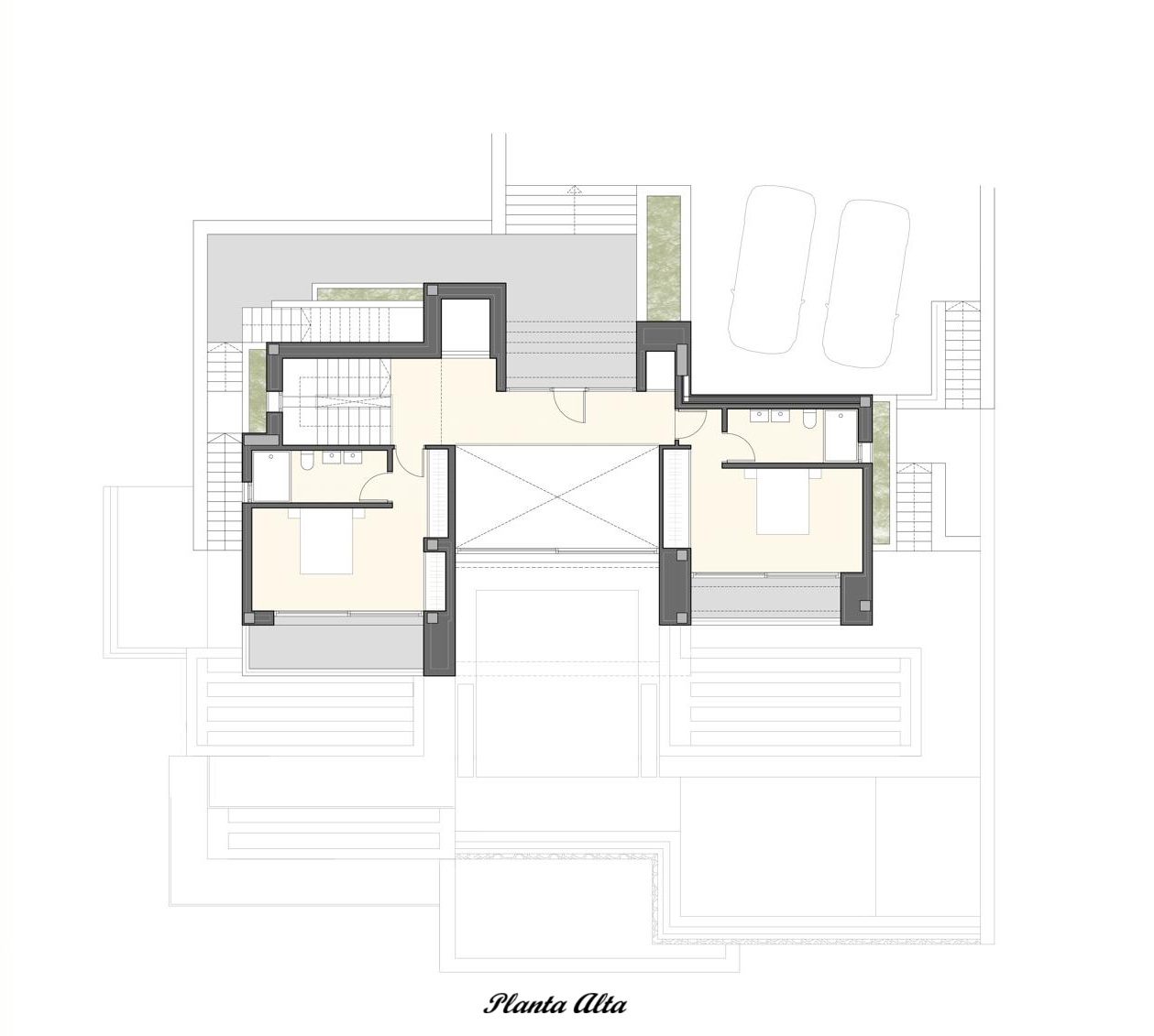 Plan technique de l'étage supérieur illustrant deux chambres avec salles de bains privatives, l'escalier et la distribution des pièces.