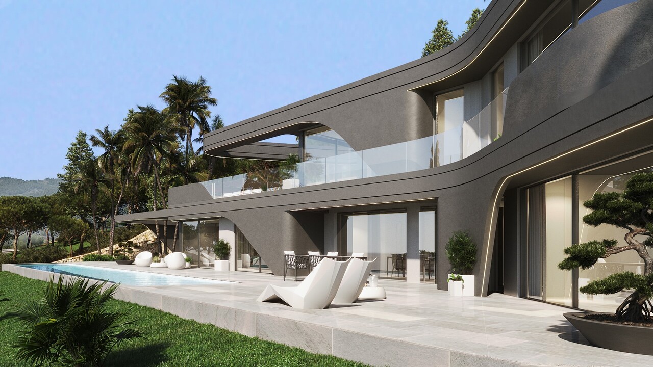 Villa contemporaine à deux niveaux avec façade sombre incurvée, piscine à débordement et terrasse en pierre. Éclairage LED intégré et mobilier extérieur blanc épuré.