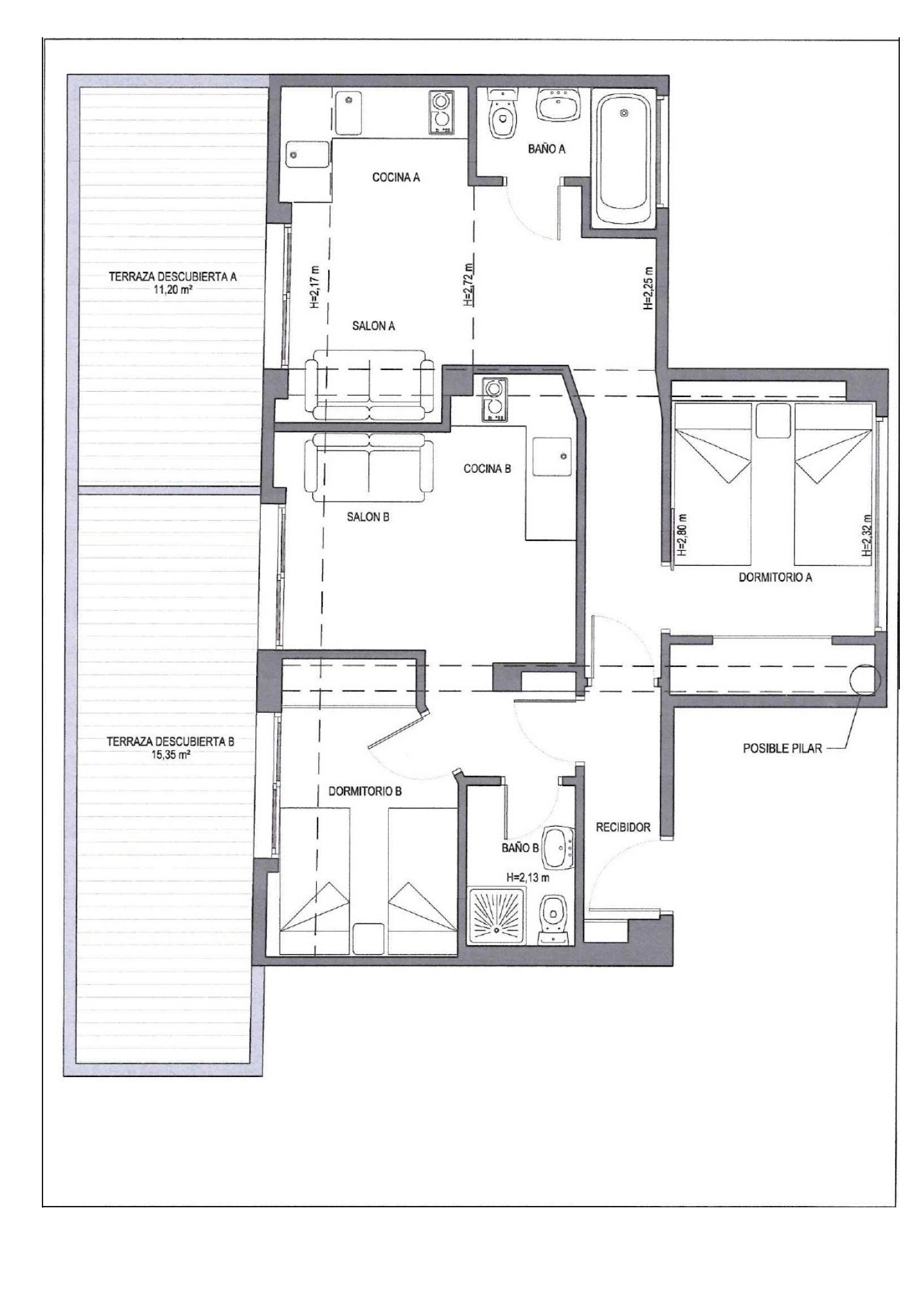 Plan technique détaillé illustrant la disposition des deux chambres, deux salles de bains, espaces de vie et larges terrasses découvertes.