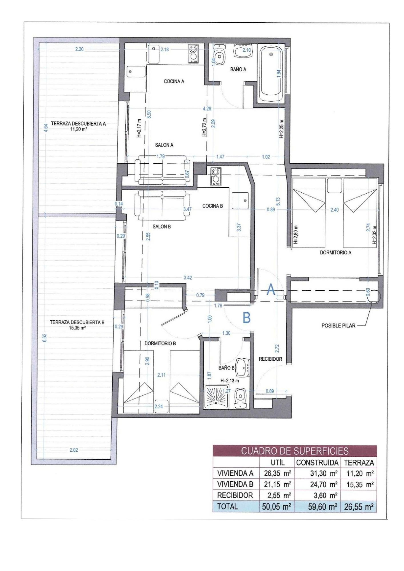 Plan technique détaillé montrant la distribution de deux unités indépendantes avec chambres, cuisines et terrasses extérieures totalisant 26,55 m².