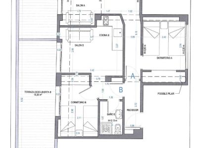 Plan architectural détaillé de deux appartements (A et B), montrant la disposition des pièces, les dimensions et l'ameublement. Il inclut deux terrasses découvertes et un tableau récapitulatif des surfaces.