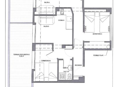 Plan architectural détaillé montrant deux agencements d'appartements (A et B). Chaque unité comprend une chambre, salon, cuisine, salle de bain et terrasse ouverte avec dimensions.