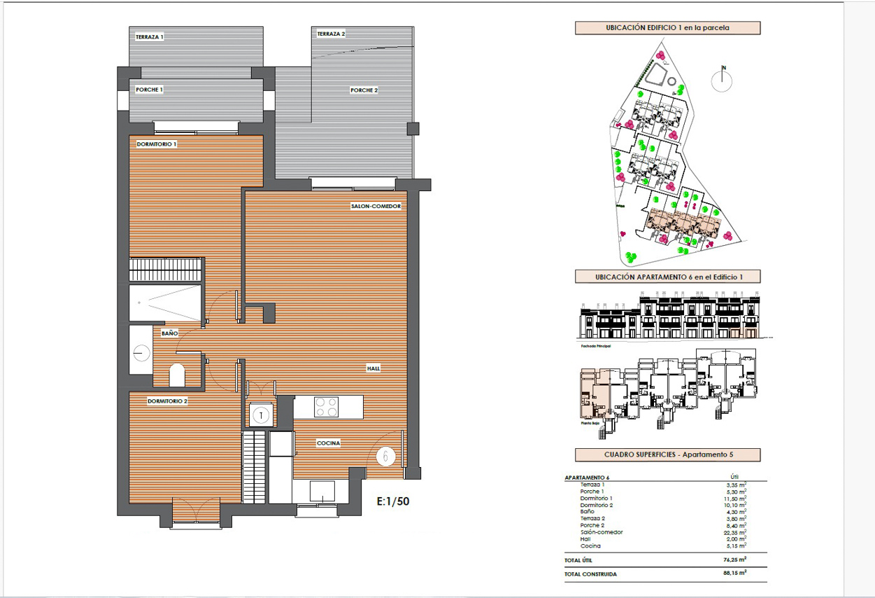 Plan d'architecte détaillé de l'appartement 6 comprenant deux chambres, un séjour-cuisine ouvert et deux terrasses avec porches. Inclut le tableau des surfaces.