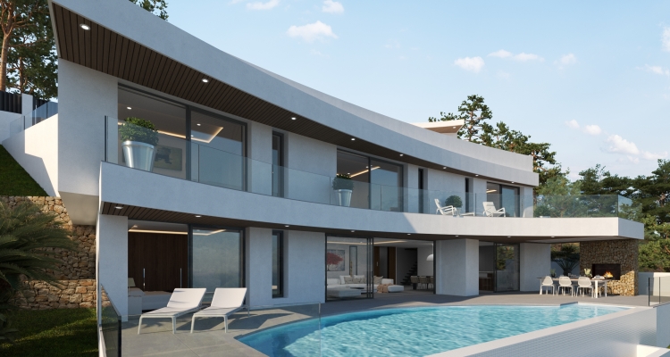 Villa moderne sur deux niveaux avec façade incurvée, piscine à débordement et espace repas extérieur doté d'une cheminée en pierre et d'un éclairage encastré.