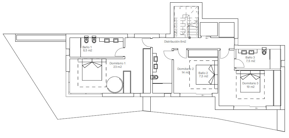 Plan architectural de l'étage supérieur avec trois chambres en suite et distribution.