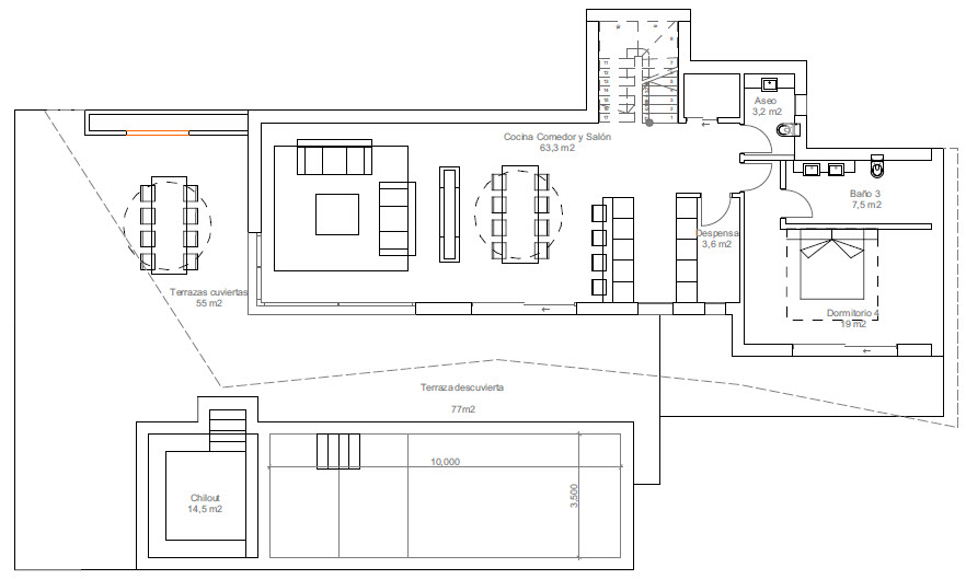 Plan architectural du rez-de-chaussée avec salon-salle à manger, cuisine, chambre, terrasses couvertes et découvertes, et espace détente avec piscine.