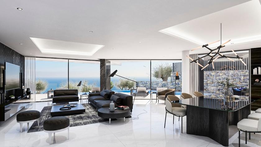 Salon-salle à manger spacieux avec baies vitrées et décor moderne dans des tons neutres.