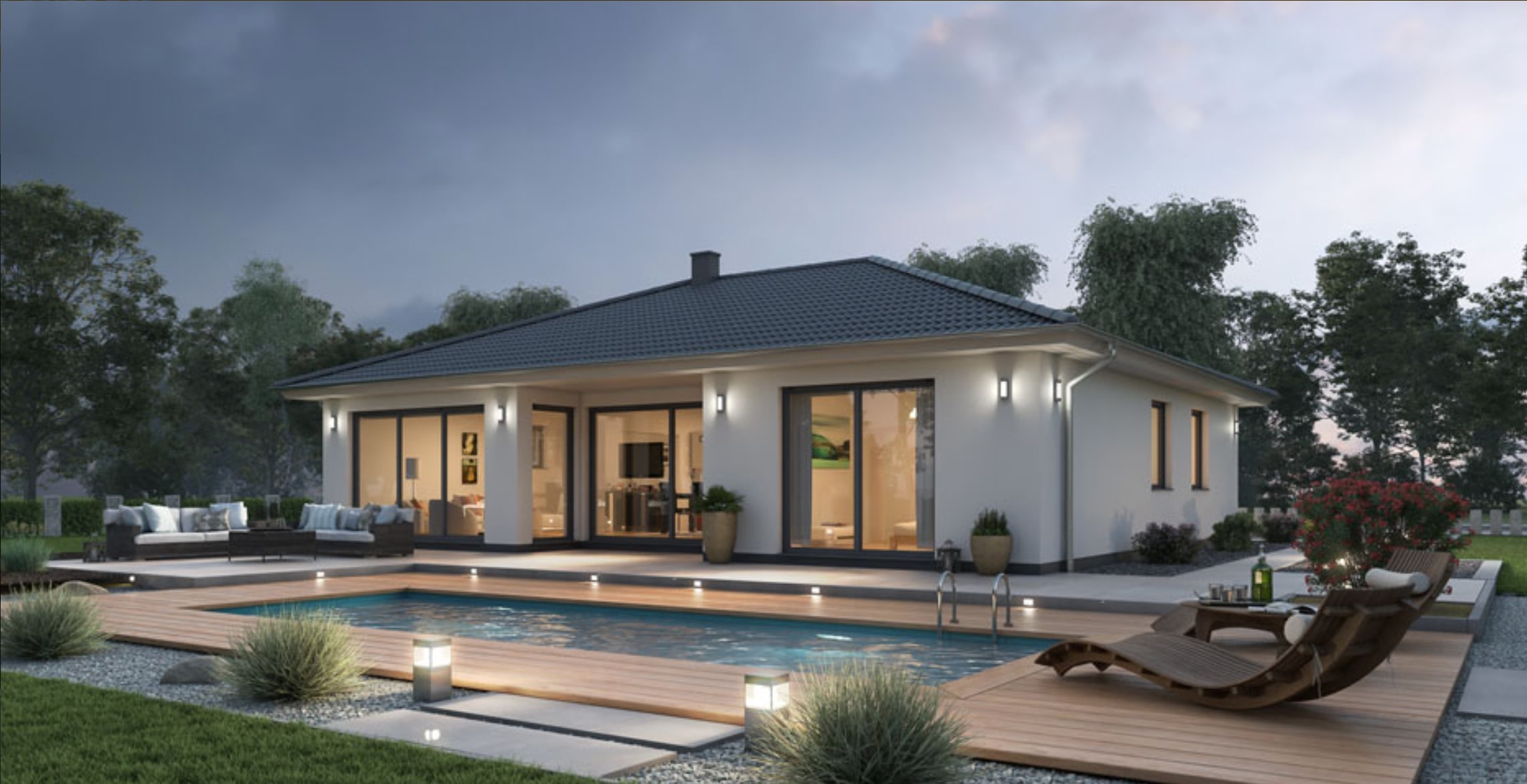 Vue extérieure de la villa avec piscine privée et terrasse en bois, idéale pour la détente en plein air.