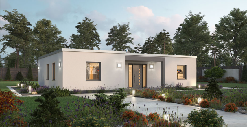 Vue extérieure de la villa de plain-pied avec jardin nécessitant peu d'entretien et allée éclairée.