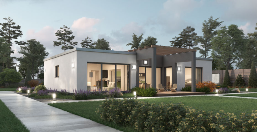 Vue extérieure de la villa moderne avec jardin et allée éclairée.