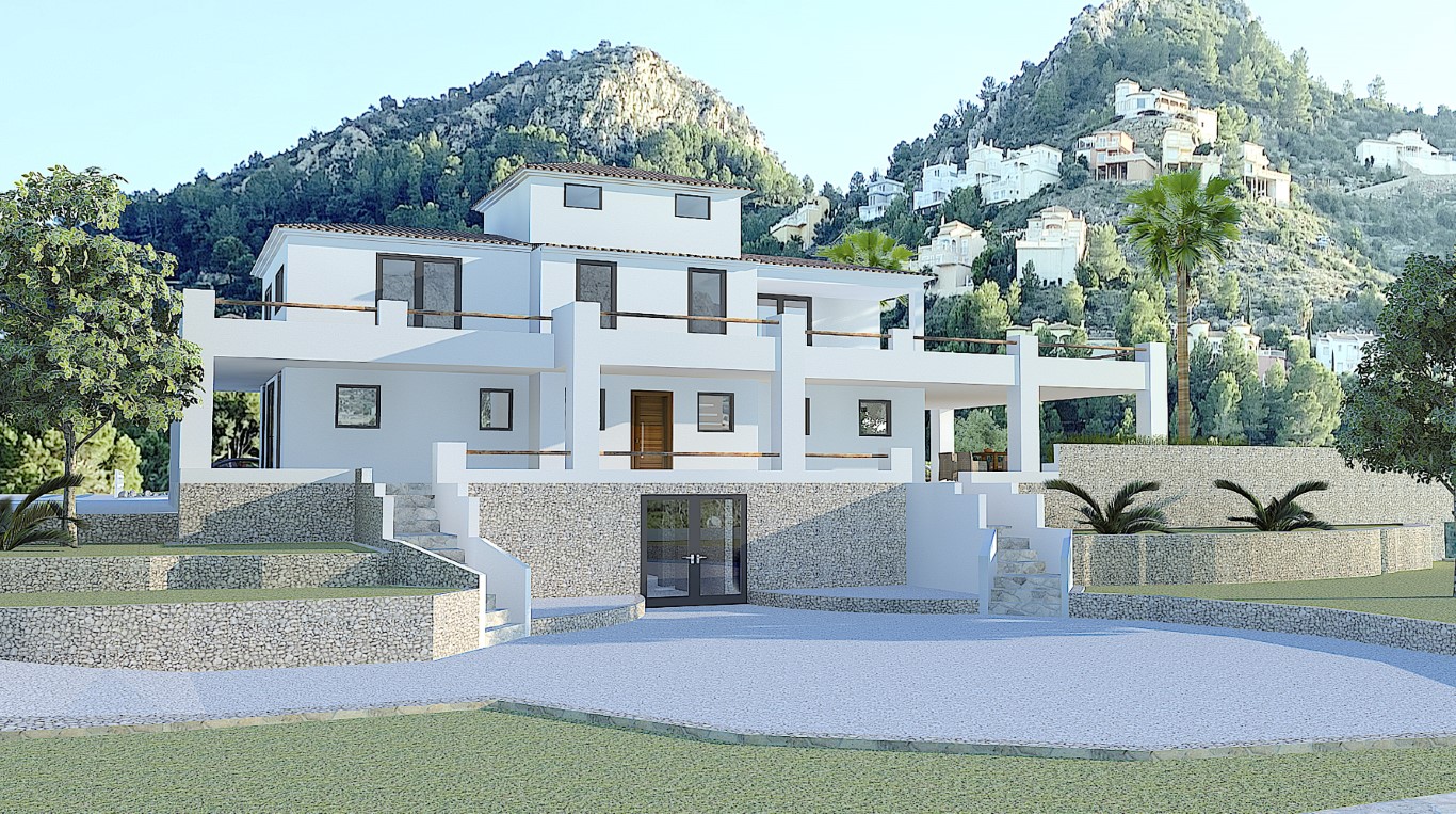 Vue de face de la villa à trois niveaux avec façade blanche et détails en pierre naturelle, entourée de jardins et de verdure. Vue de face de la villa à trois niveaux avec façade blanche et détails en pierre naturelle, entourée de jardins et de verdure.