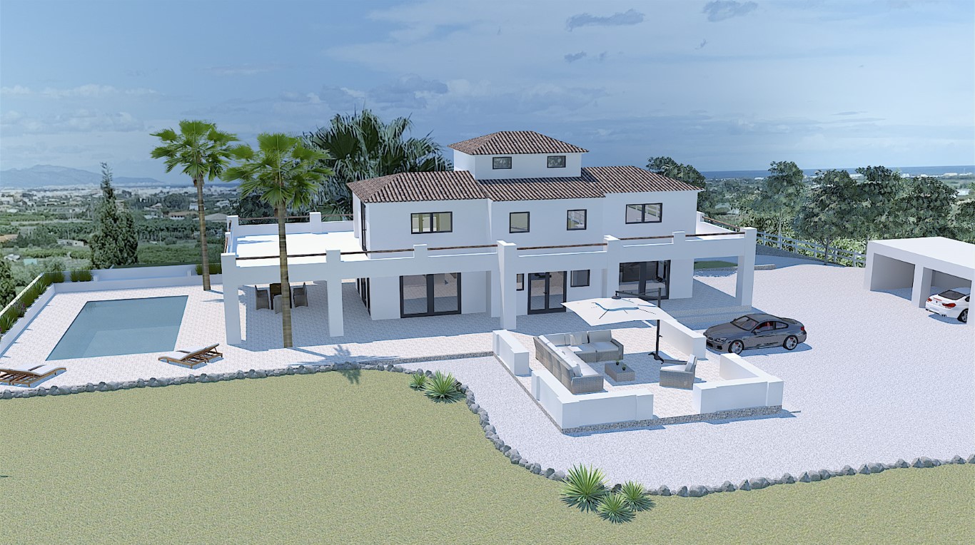 Vue extérieure de la villa avec piscine, coin salon et garage. Design moderne avec palmiers et jardins. Vue extérieure de la villa avec piscine, coin salon et garage. Design moderne avec palmiers et jardins.