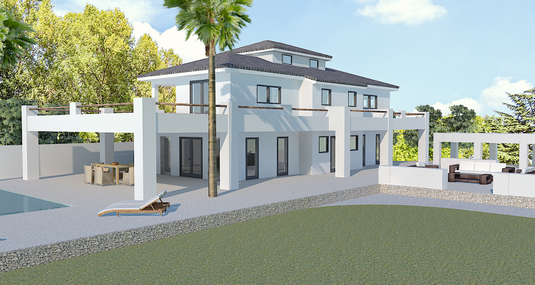 Vue extérieure de la villa avec piscine, terrasse couverte et jardin gazonné. Vue extérieure de la villa avec piscine, terrasse couverte et jardin gazonné.