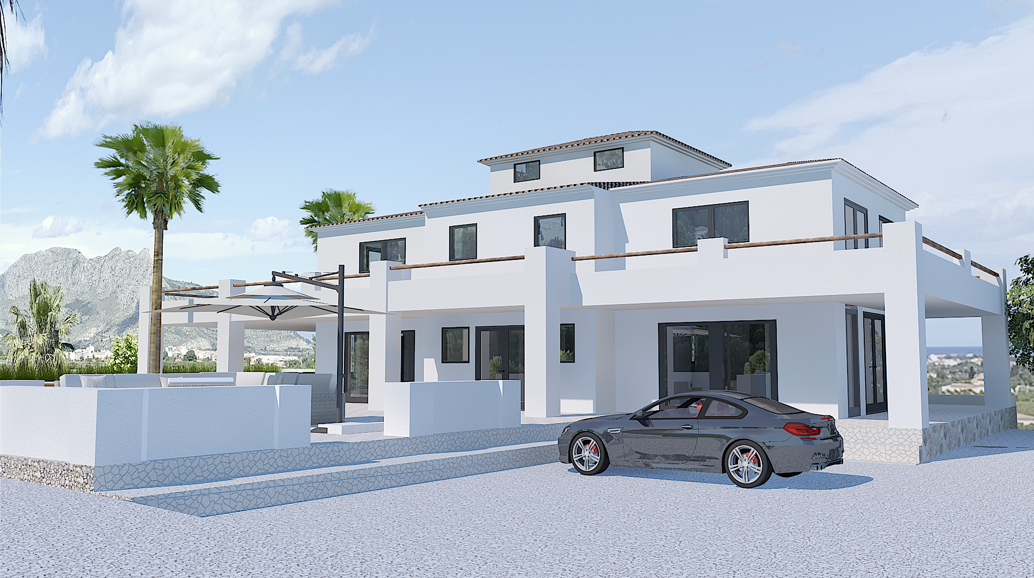 Vue extérieure de la villa moderne avec terrasse, piscine et voiture de sport à Pedreguer. Vue extérieure de la villa moderne avec terrasse, piscine et voiture de sport à Pedreguer.