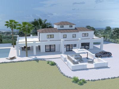 Vue extérieure de la villa avec piscine, coin salon et garage. Design moderne avec palmiers et jardins.