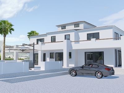Vue extérieure de la villa moderne avec terrasse, piscine et voiture de sport à Pedreguer.