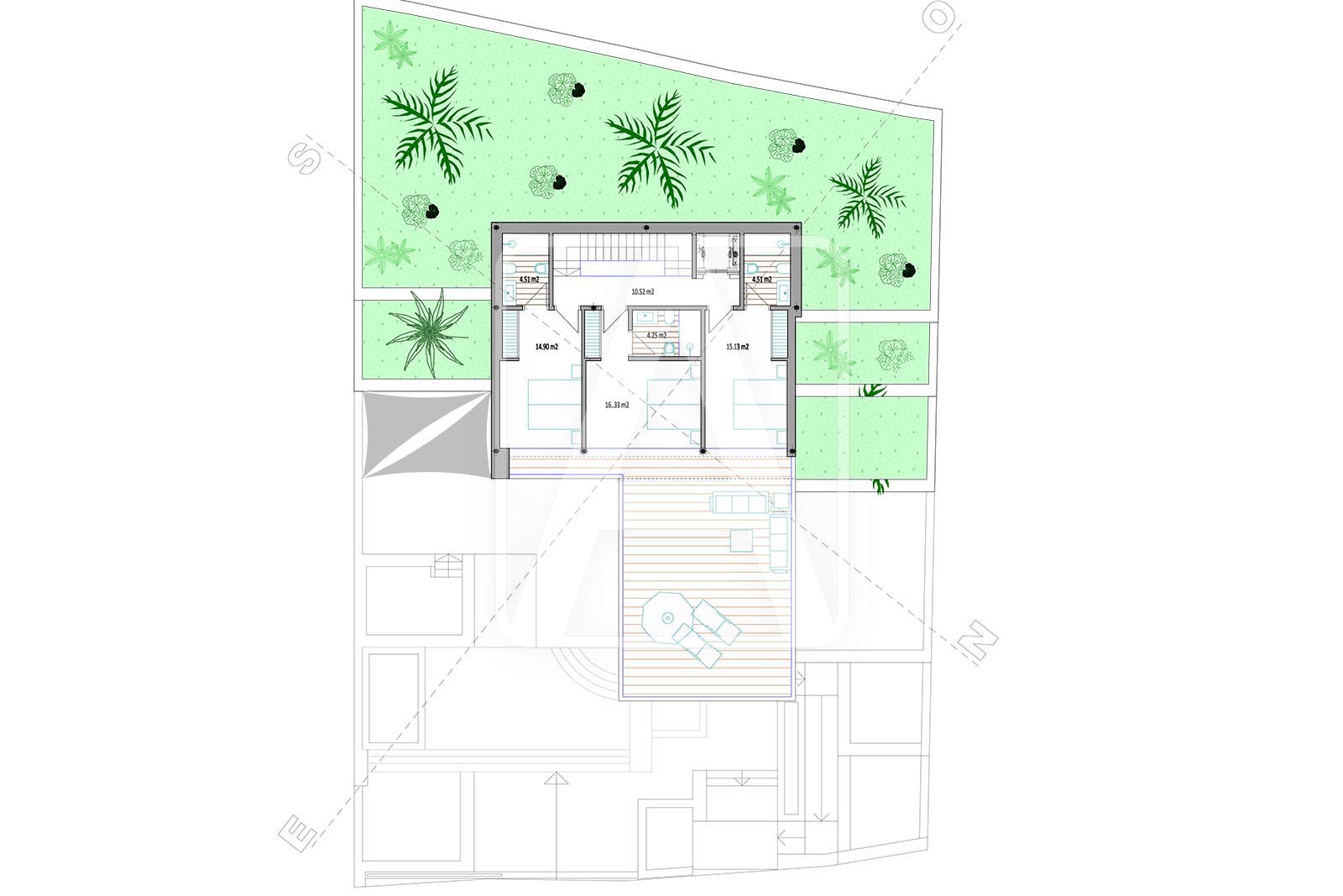 Plan architectural de l'étage supérieur avec terrasse jardin et disposition des pièces.