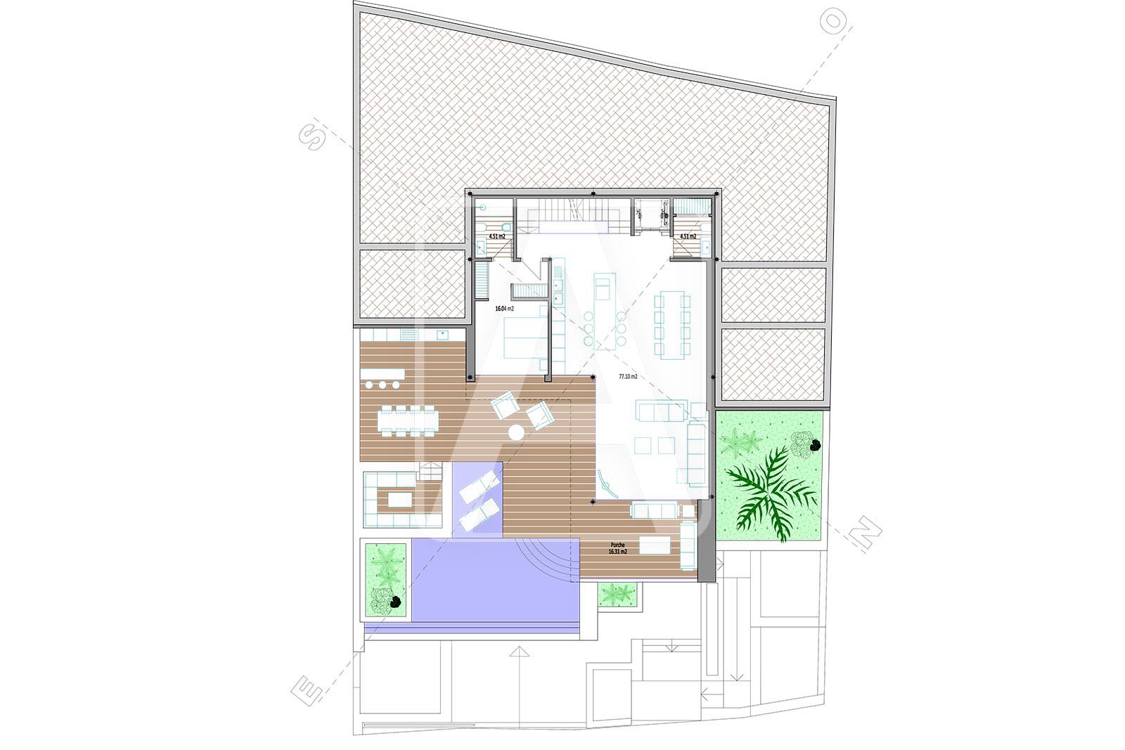 Plan architectural du rez-de-chaussée, présentant l'aménagement intérieur et extérieur de la villa.