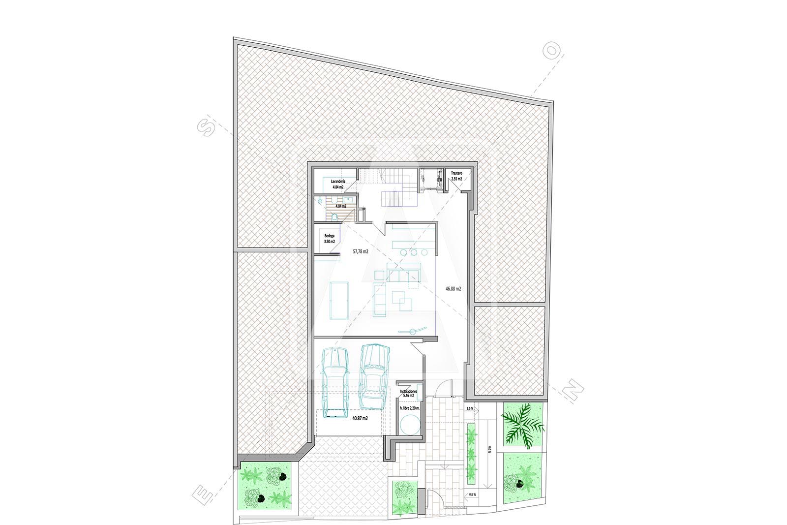 Plan architectural du sous-sol avec garage double, buanderie, cellier et espace adaptable.