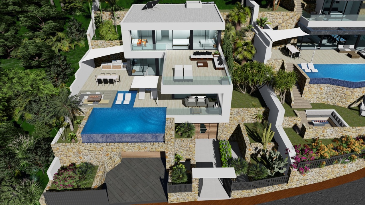 Vue aérienne de la villa avec piscine à débordement et terrasses aménagées.