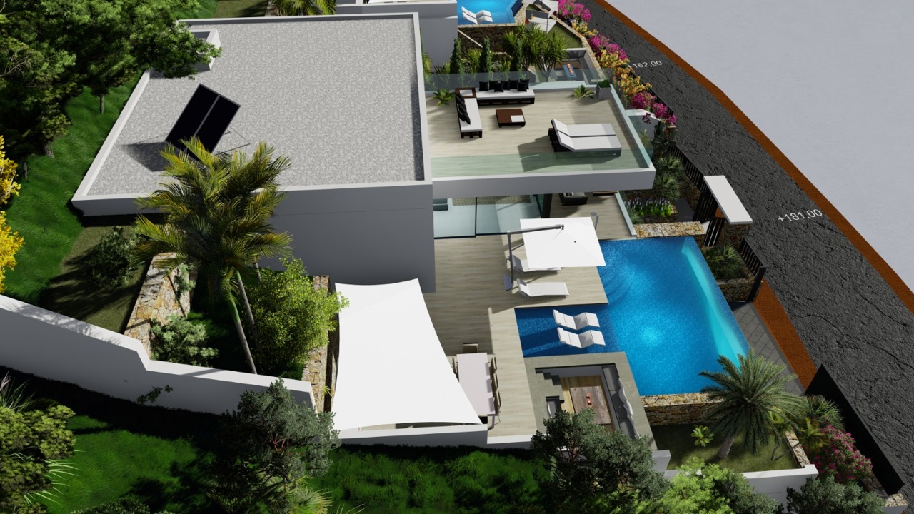 Vue aérienne de la villa avec piscine à débordement, terrasse sur le toit aménagée et jardin.