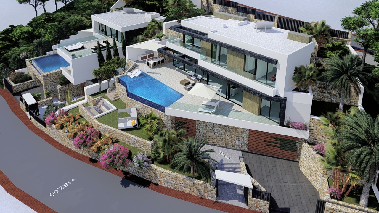 Vue aérienne d'une villa moderne avec piscine à débordement et façade en pierre naturelle.