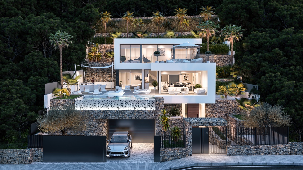 Vue de face de la villa moderne avec garage et entrée principale en pierre.