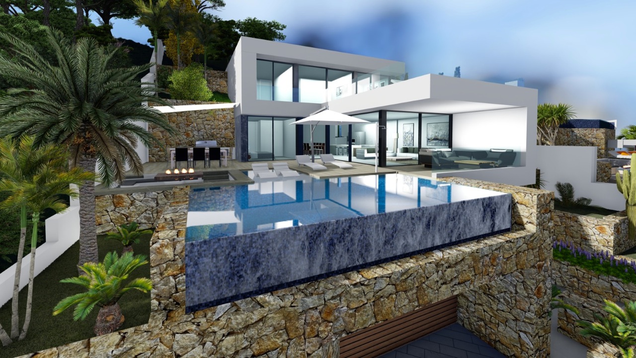 Vue de la piscine à débordement avec bordure en granit et coin salon extérieur avec barbecue intégré.