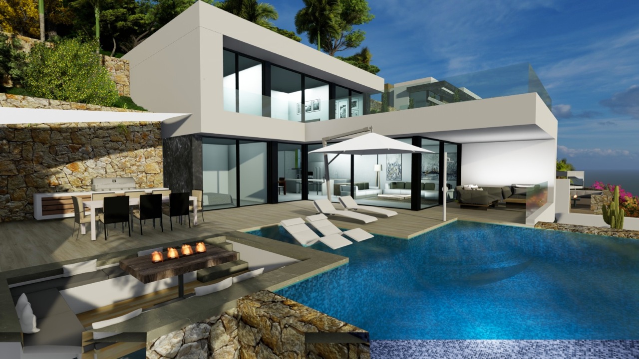 Vue de la terrasse avec piscine à débordement, espace barbecue et salle à manger extérieure avec table de feu.