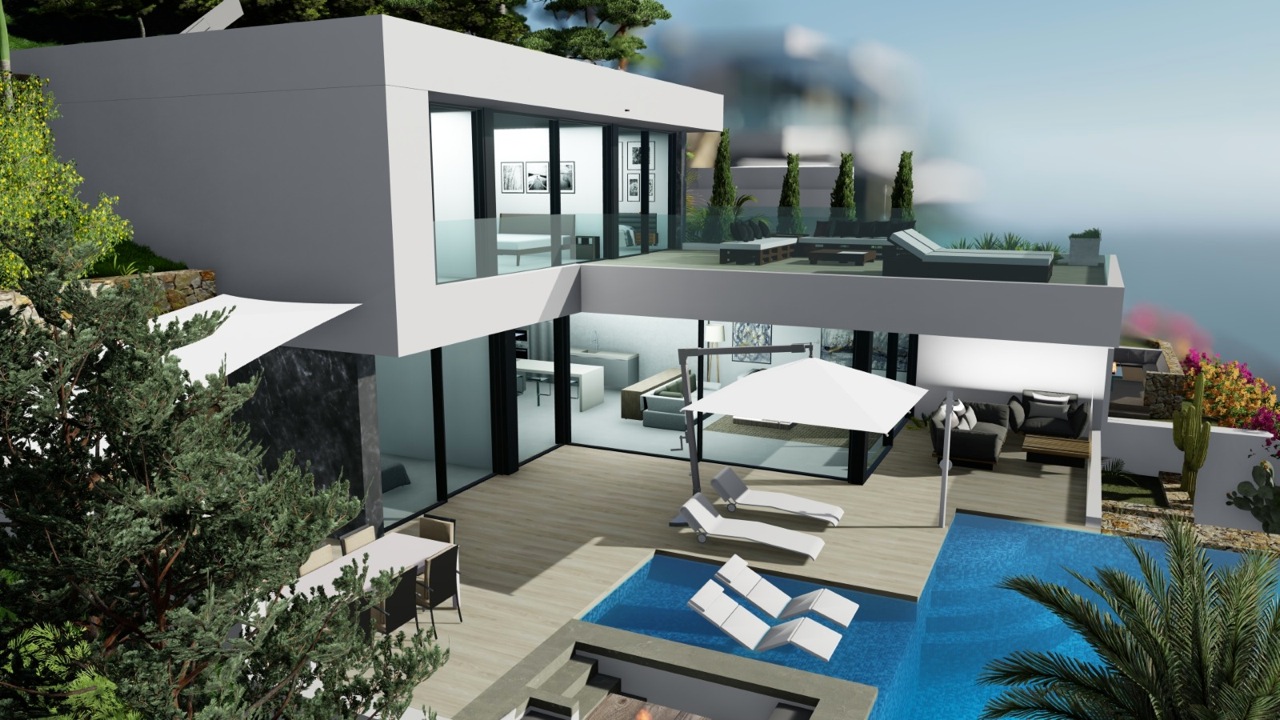 Vue de la villa avec piscine, chaises longues et terrasse supérieure avec mobilier d'extérieur.