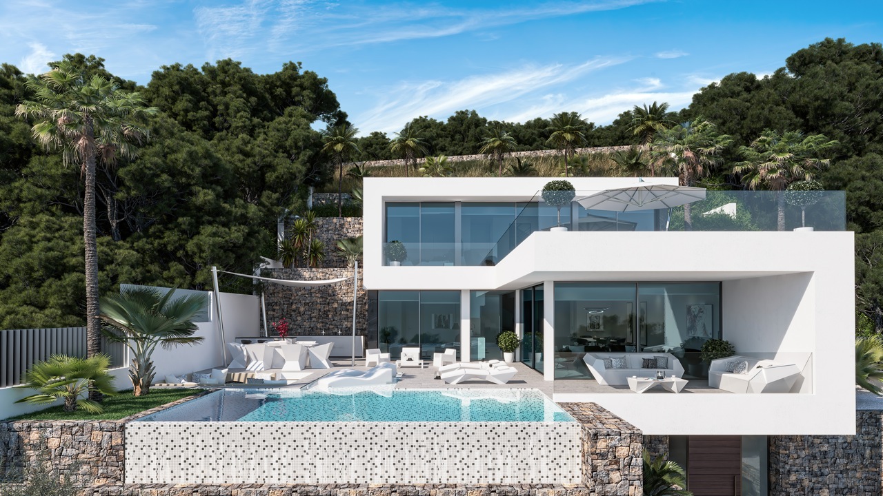 Vue extérieure de la villa avec piscine à débordement et coin salon extérieur, entourée de verdure luxuriante.