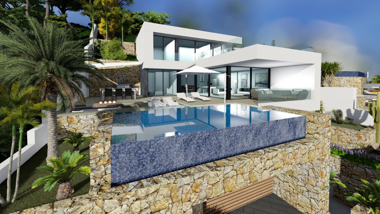 Vue extérieure de la villa avec piscine à débordement et espace barbecue sur la terrasse.