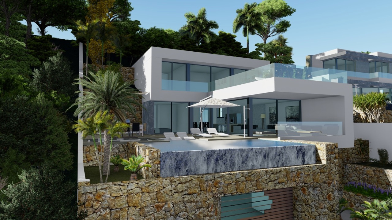 Vue extérieure de la villa avec piscine à débordement et façade en pierre naturelle.