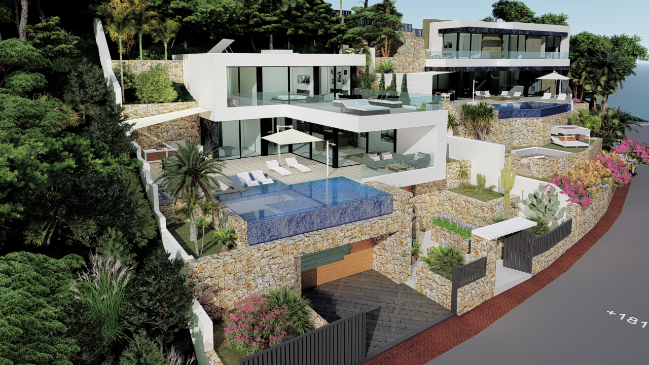 Vue extérieure de la villa avec piscine à débordement et terrasses étagées avec vue sur la mer.