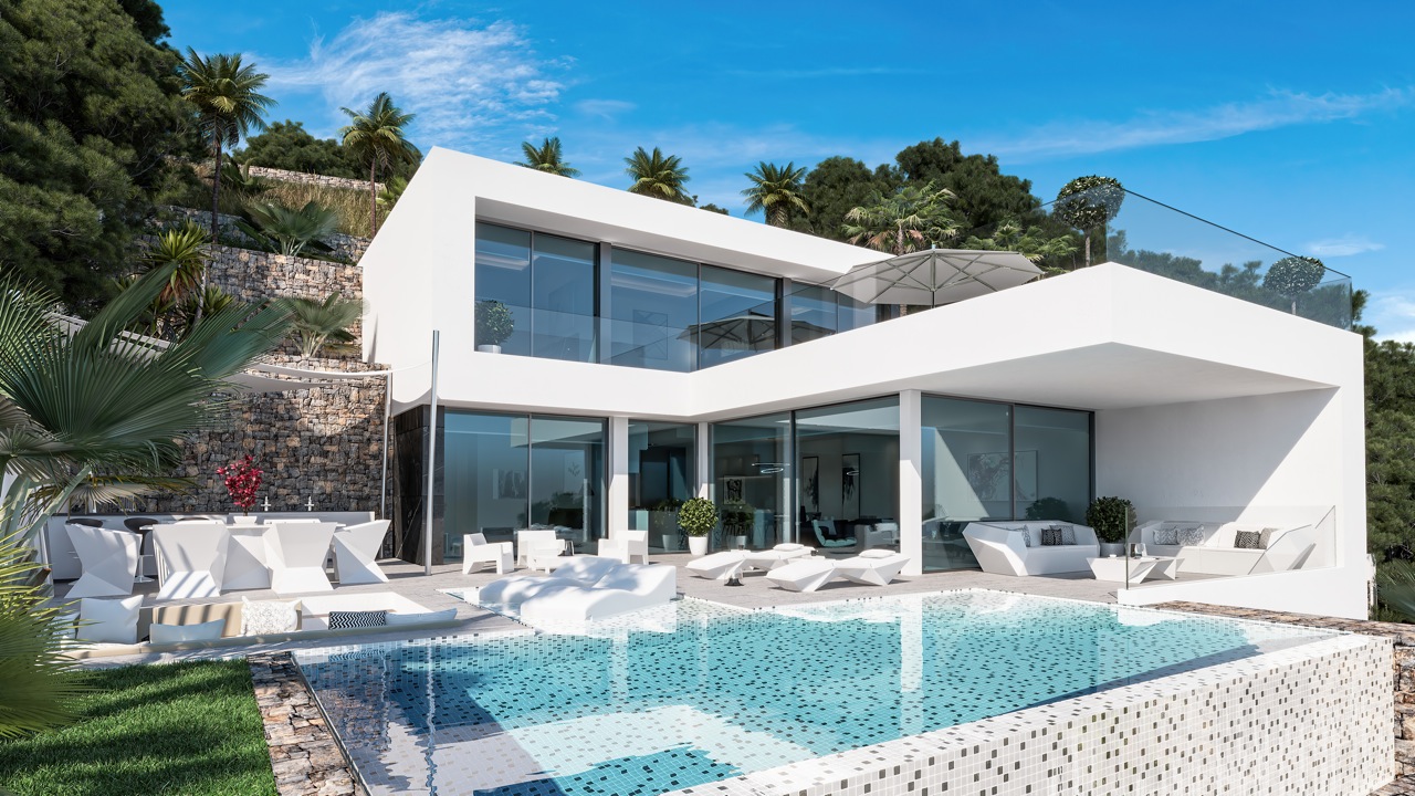 Vue extérieure de la villa avec piscine à débordement, terrasse avec mobilier moderne et design architectural minimaliste.
