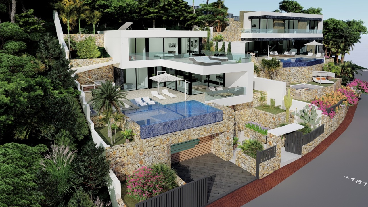 Vue extérieure de la villa moderne avec piscine à débordement et terrasses étagées à flanc de colline.