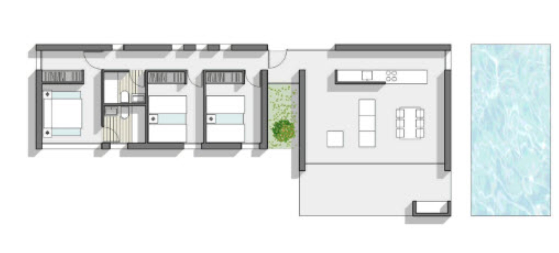 Plan d'étage d'une villa moderne avec piscine, présentant l'aménagement et le design.