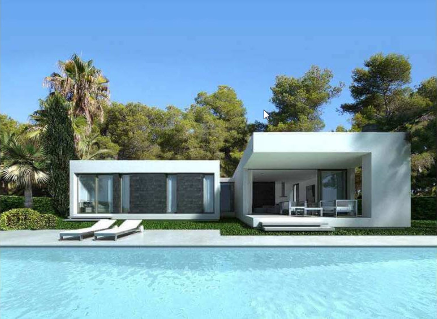 Vue extérieure de la villa avec piscine, chaises longues et terrasse couverte avec mobilier.