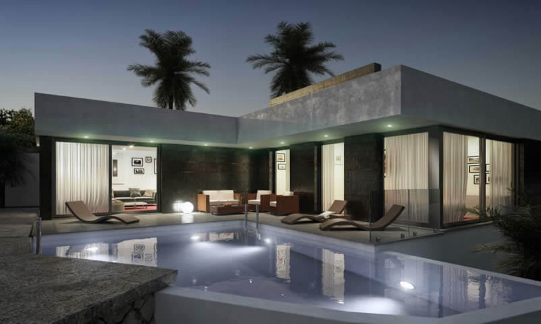 Vue nocturne de la piscine avec éclairage d'ambiance et accès direct à la terrasse aménagée.