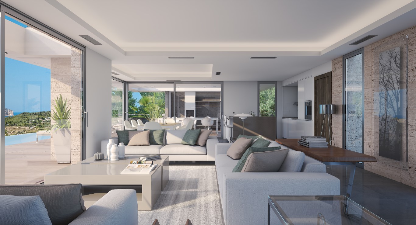 Salon spacieux avec baies vitrées coulissantes offrant un accès direct à la terrasse et à la piscine à débordement. Murs en pierre naturelle et éclairage LED encastré au plafond.