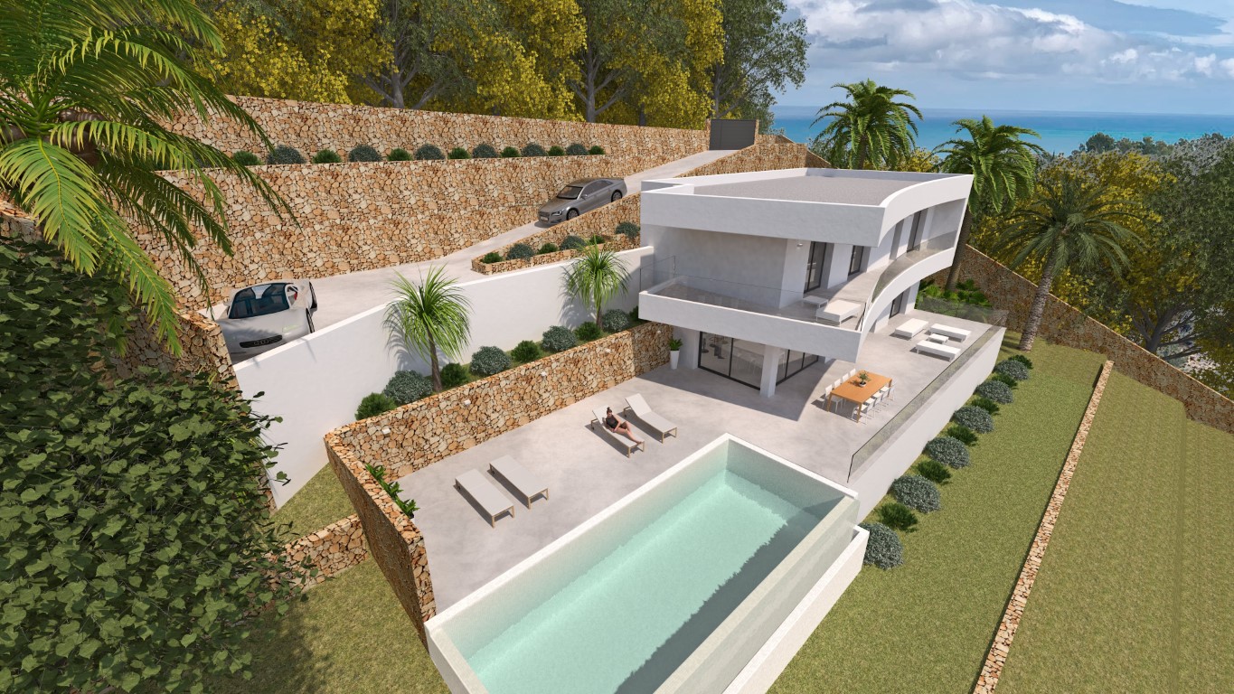 Vue aérienne d'une villa moderne avec piscine à débordement, vastes terrasses et murs en pierre naturelle, sur un terrain en restanques avec vue sur la mer.