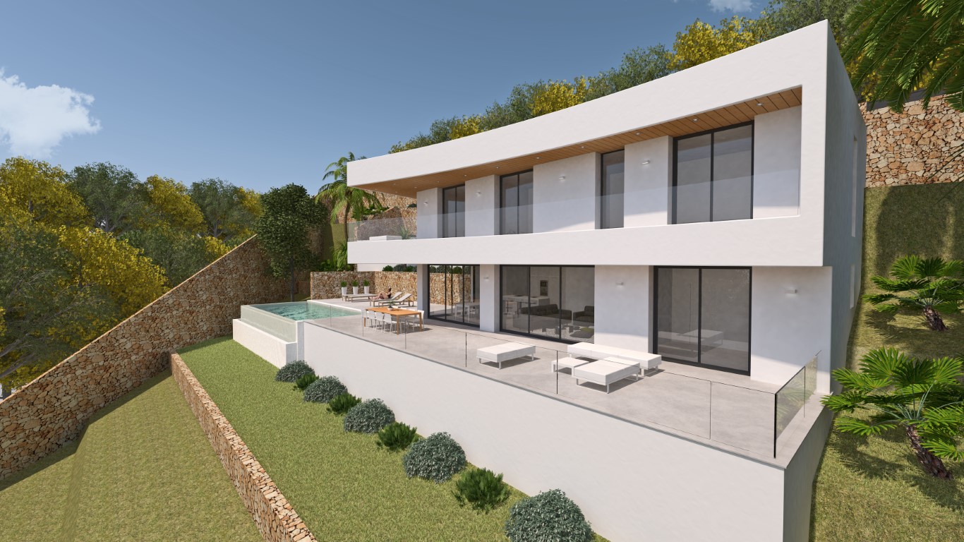 Vue extérieure de la villa moderne avec façade blanche, terrasse spacieuse, piscine à débordement et murs de soutènement en pierre naturelle.