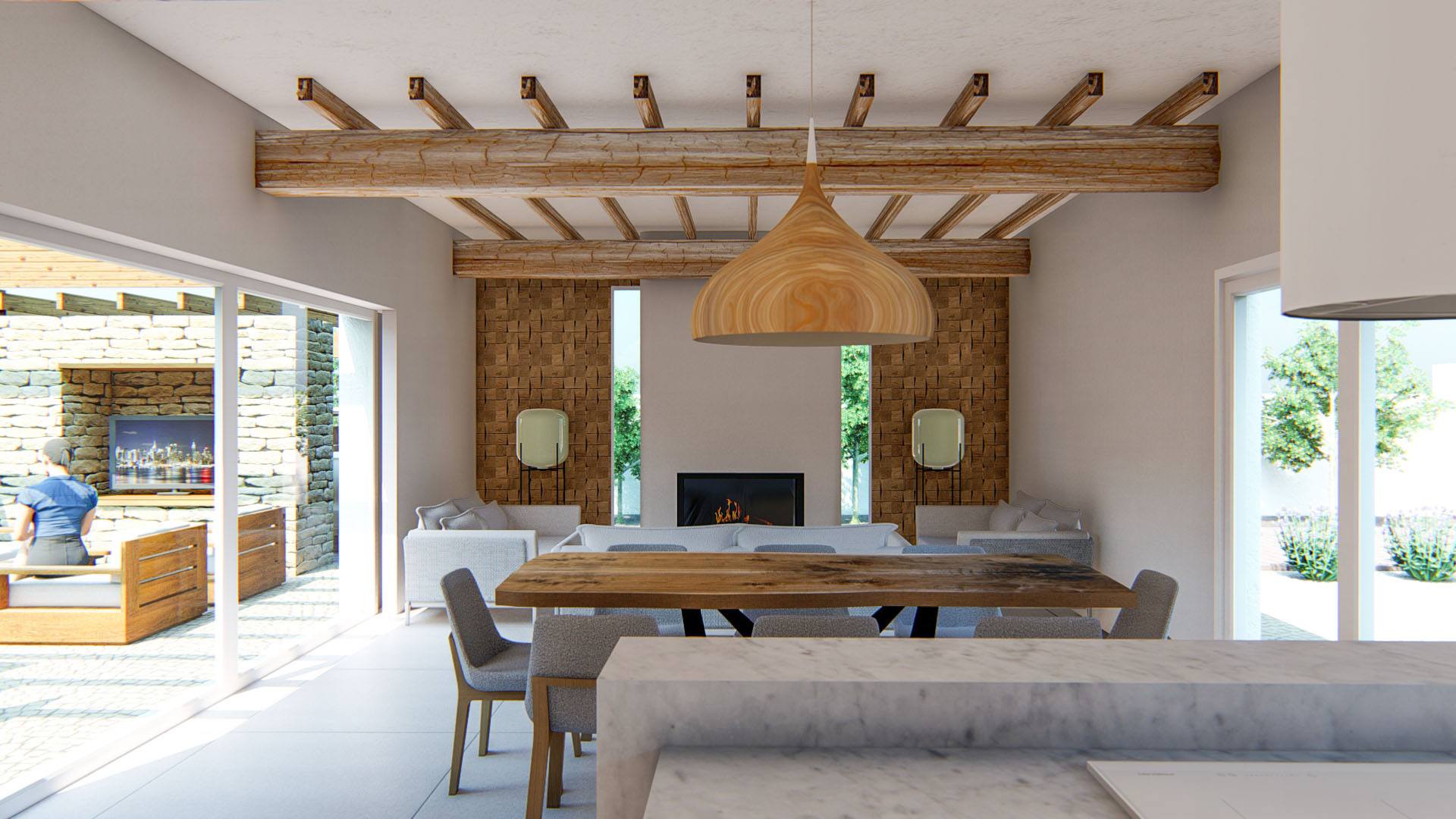 Espace de vie ouvert avec poutres en bois apparentes, cheminée intégrée et panneaux muraux texturés. De larges baies vitrées s'ouvrent sur une terrasse en pierre avec pergola.