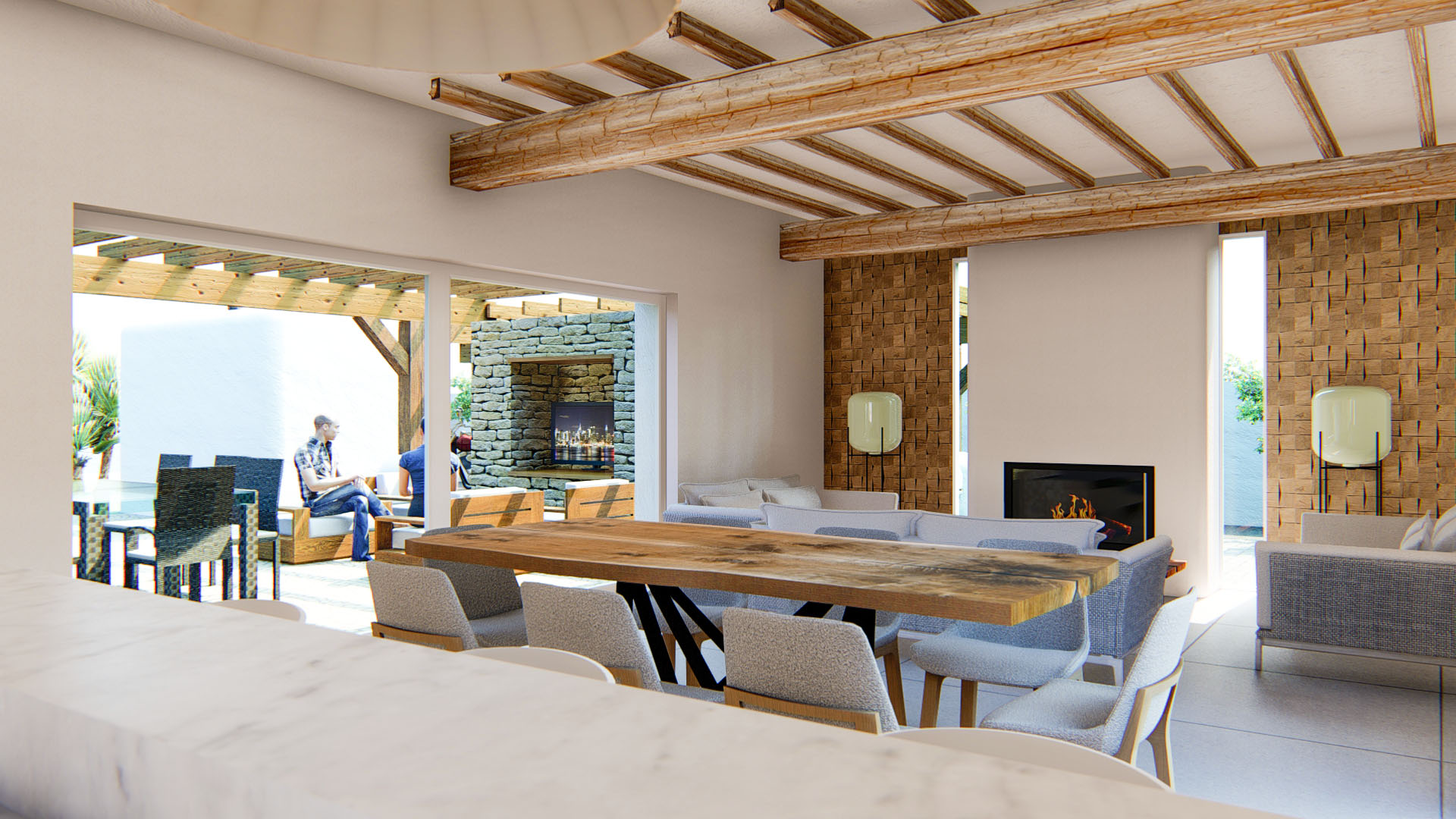 Espace de vie ouvert avec poutres en bois apparentes, cheminée moderne et panneaux muraux texturés. Les baies vitrées relient l'intérieur à la terrasse ombragée par une pergola.