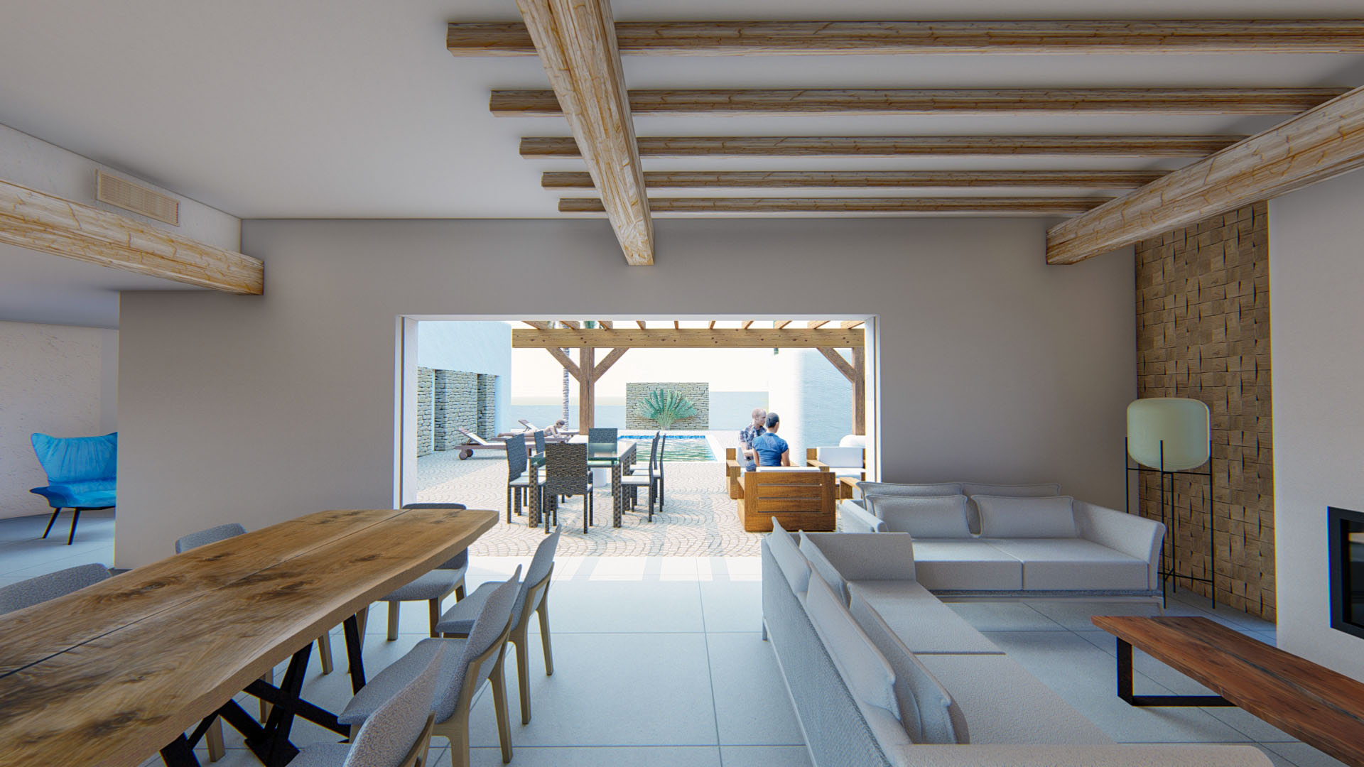 Espace de vie ouvert avec poutres en bois apparentes et une grande baie vitrée à galandage s'ouvrant sur la terrasse ombragée et la piscine.