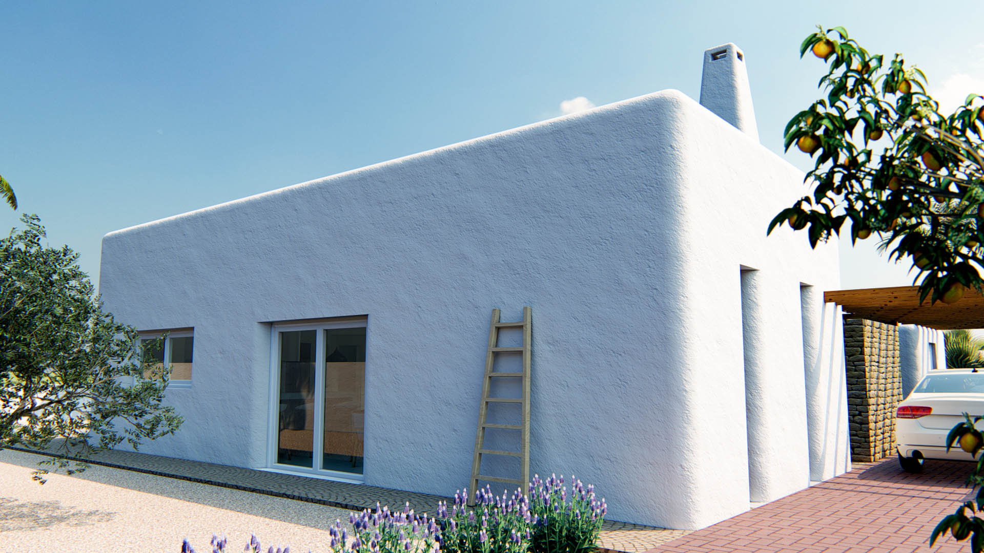 Extérieur de style ibizien avec des murs en crépi blanc texturé, des angles arrondis et une échelle en bois décorative entourée de lavande.