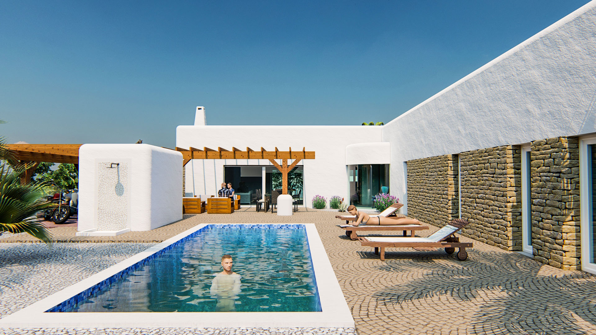 Extérieur de style ibizien avec piscine rectangulaire, terrasse en pavés, douche extérieure et façade alliant crépi blanc et murs en pierre naturelle.