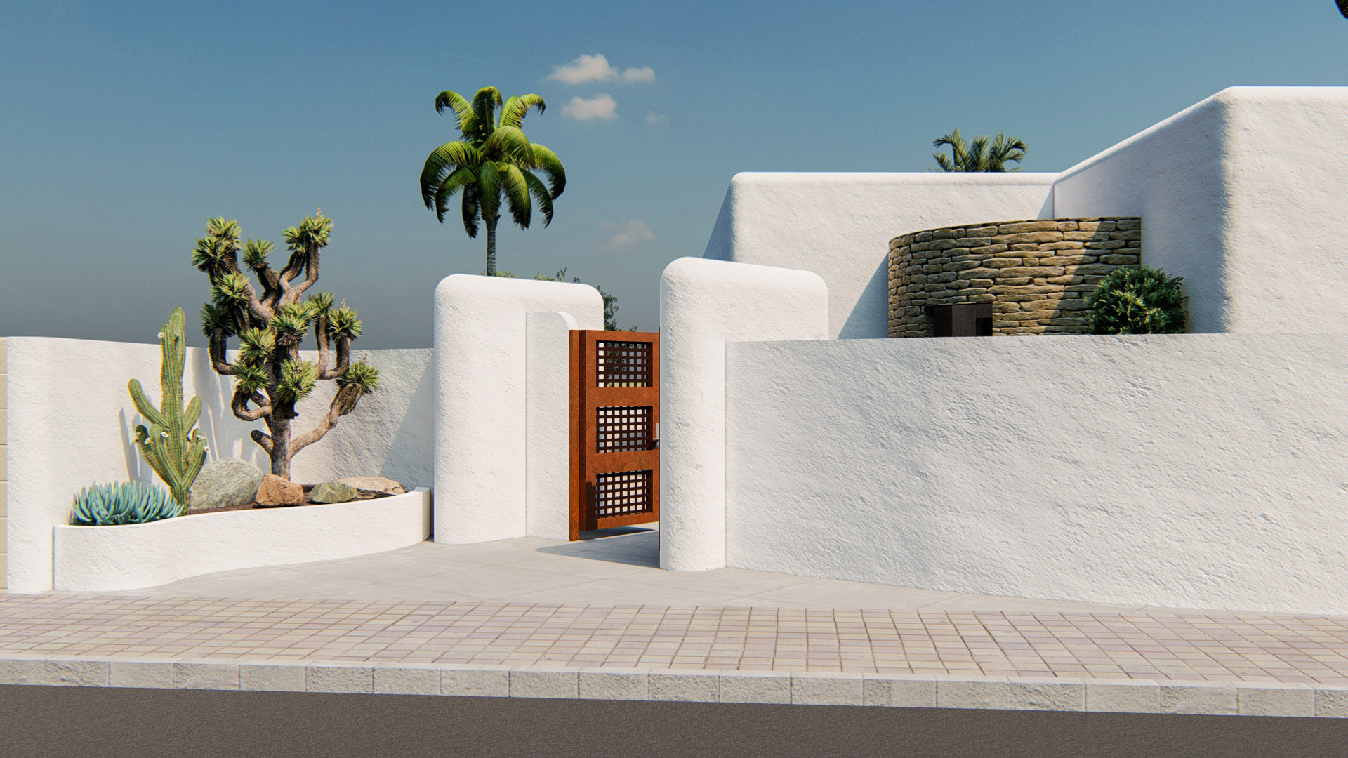 Façade de style ibizien avec murs blancs arrondis, portail en bois et pierre naturelle, agrémentée d'un jardin méditerranéen composé de cactus et de palmiers.