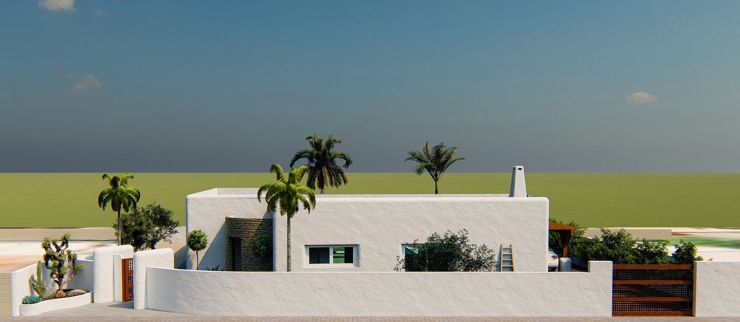 Façade extérieure de style ibizenc avec murs blancs texturés, détails en pierre naturelle, portails en bois et palmiers intégrés dans le paysage minimaliste.